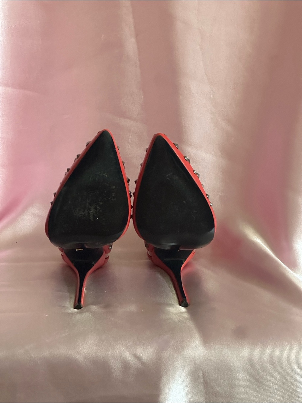 Red Studded Pointed-Toe Heels with Script Insole - Picture 4 of 4